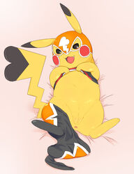 anus beady_eyes bed blush clothed clothing clothing_lift cosplay_pikachu cosplay_pikachu_(costume) dakimakura_design dipstick_ears dipstick_tail female feral fur furniture furry furry_only genitals gradient_background hi_res looking_at_viewer lucha_libre_mask lying mask multicolored_ears multicolored_tail nintendo on_back on_bed open_mouth pants_around_one_leg pikachu pikachu_libre pink_anus pink_background pokémon_(species) pokemon pussy semi-anthro shirt shirt_lift simple_background smile solo sports_mask sportswear tail tecoco topwear video_games wrestling_mask yellow_body yellow_fur