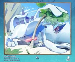 absurd_res arousal aroused beach blush bodily_fluids cliff dripping erection feral genital_fluids genitals grass hand_on_ground hi_res legendary_pokémon lugia male nintendo open_mouth palm_tree penis perfectlynormal pinup plant pokemon pokemon_(species) pose precum precum_drip prehensile_penis sand seaside sky solo sweat tree video_games water