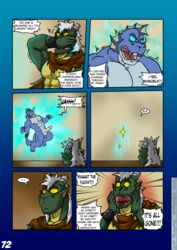 abs angry anthro aquatic_dragon balls blue_body blue_glow blue_scales bob_(vju79) broken_horn captive_(vju79) captive_(vju79):_part_ii clothed clothing comic covering covering_face dialogue dragon duo ear_fins english_text erection fin floating frill_(anatomy) genitals gharn_(vju79) hair hand_on_face head_crest head_frill hi_res horn humanoid_genitalia humanoid_penis leather_cuffs long_hair magic male marine meme multicolored_body muscular muscular_anthro muscular_male nude open_mouth over_9000 page_72 pecs penis profanity scales scalie shocked_expression simple_background sparkles text topless torn_cape two_tone_body vanishing vju79 white_hair wide_eyed wingless_dragon wtf_face yellow_sclera