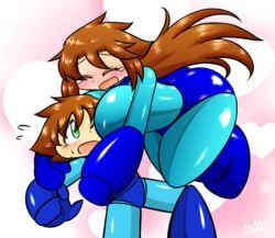 1boy 1girls blush brother_and_sister brown_hair cute green_eyes hug mega_man mega_man(classic) mega_man_(character) roco_(sulfer-kokegitsune) shorter_female sulfer-kokegitsune tagme taller_female