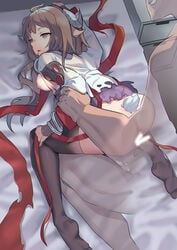 1boy areolae arknights bed blood breasts brown_eyes brown_hair censored corpse cum death empty_eyes eyjafjalla_(arknights) female female_death guro highres long_hair medium_breasts necrophilia nipples nude penis personality_(artist) sex sex_from_behind straight thighhighs top-down_bottom-up vaginal_penetration