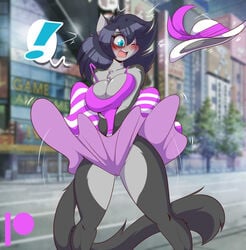 ! 1girls anthro big_breasts black_hair blush breasts cameltoe chrissy_mccloud cleavage domestic_cat dress dress_lift dress_pull embarrassed feline female_only furry grey_fur hat mastergodai rascals solo thick_thighs voluptuous wardrobe_malfunction wind_lift wink