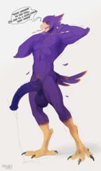 2021 absurd_res animal_genitalia animal_penis anthro avian balls bird bodily_fluids dialogue equine_penis erection genital_fluids genitals hi_res looking_down male_only penis precum purple_body shaking skully trembling