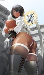 android areolae ass big_ass big_breasts big_thighs black_hair blue_eyes boobs_and_butt_pose breasts breasts_out cleavage clothed clothing curvaceous curvy dark-skinned_female dark_skin elbow_gloves eyebrows feet_out_of_frame female female_focus female_only gloves hair hair_over_one_eye hairband high_resolution highres huge_ass leotard lips looking_back mole mole_under_mouth mostly_nude nier nier:_automata nipples nisetanaqa portal short_hair solo solo_female solo_focus sword thick_thighs thighhighs thighs topless very_high_resolution viewed_from_below yorha_2p