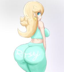 1girls ass ass_focus big_ass big_butt bimbo blonde_hair blue_eyes bottom_heavy breasts butt_focus clothing dat_ass female female_focus female_only gradient_background grey_background large_ass large_butt long_hair looking_back mario_(series) nintendo open_mouth pants princess_rosalina protorepulsive repulsiveproto simple_background solo standing super_mario_galaxy tight_clothing