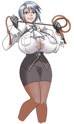 1girls ace_attorney big_breasts blue_eyes breasts capcom cleavage clothed clothes clothing eyebrows eyebrows_visible_through_hair eyelashes female female_only gyakuten_saiban hips huge_breasts human human_only karuma_mei large_breasts looking_at_viewer mammal matsu-sensei seductive seductive_eyes seductive_look seductive_smile short_hair silver_hair simple_background smiling smiling_at_viewer solo solo_female stockings thick thick_ass thick_thighs thighs voluptuous whip white_background wide_hips