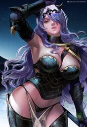 1girls armor armpits bangs black_armor black_panties boots breasts camilla_(fire_emblem) cleavage female fire_emblem fire_emblem_fates gloves gradient gradient_background hair_over_one_eye hand_on_own_head large_breasts looking_at_viewer nextoad nintendo panties parted_lips patreon_username purple_eyes purple_hair solo thigh_boots thighhighs tiara underwear upper_body