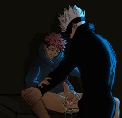 2boys anal_fingering arm_grab bulge crying cum cum_drip cum_dripping cum_dripping_from_penis cum_on_penis dick dripping_cum erection erection_under_clothes fingering gay hoodie itadori_yuuji jujutsu_kaisen knee_grab legs_apart legs_held_open male_only no_pants pink_hair precum prostate_milking satoru_gojo tears_of_pleasure white_hair yaoi