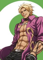 1boy blonde_hair earrings gloves grin human human_only jacket jeans king_of_fighters looking_at_viewer male male_only muscular muscular_male necklace shen_woo solo_male tagme unknown_artist