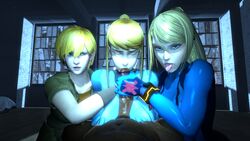 1boy 3d 3girls akairink bimbo blonde_hair clone dark-skinned_male fellatio large_penis metroid nintendo oral samus_aran source_filmmaker square_crossover super_smash_bros. zero_suit zero_suit_samus