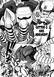 ass bodysuit breast doujinshi drill_jiru fight getter-3 getter_robo goggles helmet lizard long_hair mecha monochrome musashi_tomoe ponytail ripped_clothing rule_63 ryoma_nagare short_hair speech_bubble sweat text