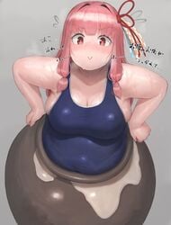 1girls belly_button big_belly big_breasts blushing chubby chubby_female kotohana_akane oruka_(kamituki0827) overflowing_breasts overweight overweight_female pink_hair pot pushing_down red_eyes stuck stuck_in_object surprised_expression sweat swimsuit translation_request