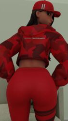 1girls 3d 3d_(artwork) 9:16 baseball_cap blender brown_eyes brown_hair darkbahamuth female female_only fortnite fortnite:_battle_royale from_behind fully_clothed hood_down jacket looking_back midriff_peek patreon_username red_clothing red_headwear red_pants ruby_(fortnite) solo standing