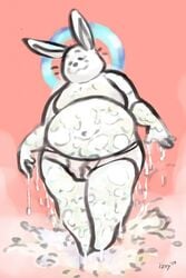 anthro briefs closed_eyes clothing fur halo hi_res izvy_(artist) lagomorph leporid male mammal milk overweight overweight_male rabbit red_background signature simple_background solo splashing tighty_whities underwear whiskers white_body white_clothing white_fur white_underwear