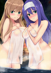 2girls bath big_breasts blush brown_hair female_only fire_emblem fire_emblem:_radiant_dawn green_eyes hot_spring large_breasts long_hair looking_at_viewer mia_(fire_emblem) mist_(fire_emblem) naked_towel nintendo onsen purple_hair small_towel smile spekkio36 steam towel