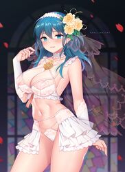 1girls areolae artist_name banglinh1997 bangs bare_shoulders blue_eyes blue_hair blush bra breasts bridal_gauntlets bridal_veil bride byleth_(fire_emblem) byleth_(fire_emblem)_(female) choker cleavage collarbone cowboy_shot earrings eyebrows_visible_through_hair female female_only fire_emblem fire_emblem:_three_houses flower flower_in_hair frilled_choker gem hair_flower hair_ornament hairband hand_up highres jewelry large_breasts lingerie long_hair looking_at_viewer medium_hair midriff nail_polish navel nintendo painted_fingernails panties parted_lips petals picot_trim picot_trim_bra picot_trim_lingerie pink_nails ring rose rose_petals_skirt second-party_source see-through showgirl_skirt skirt smile solo stained_glass stomach tassel teal_hair thighs toned underwear underwear_only veil wedding_dress wedding_lingerie wedding_ring white_bra white_choker white_hairband white_panties yellow_flower yellow_rose