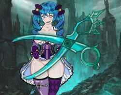 ahe_gao big_breasts blue_eyes blue_hair doll eyeliner eyeshadow gloves gwen_(league_of_legends) league_of_legends league_of_legends:_wild_rift lifting_skirt open_mouth pale-skinned_female pale_skin purple_eyes pussy scissor_blade scissors skirt skirt_lift skirt_pull skirt_up thick_thighs thighs twin_braids twin_drills twintails