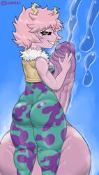 1futa big_breasts black_sclera bottom_heavy excessive_precum futa_only futanari hero_outfit_(mha) huge_ass hyper hyper_balls hyper_penis mina_ashido my_hero_academia penis_bigger_than_body pink_hair pink_skin precum precum_ejaculation sideebi smile solo solo_futa steam thick_thighs tight_clothing yellow_eyes