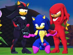 3boys 3d 3d_(artwork) anthro ball_gag balls black_body black_hair blue_body echidna green_eyes hair half-closed_eyes knuckles_the_echidna leggings male male/male male_only nipples penis penis_grab pichuroy purple_eyes red_body red_eyes red_hair shadow_the_hedgehog sonic_(series) sonic_the_hedgehog standing stockings tan_body toes yaoi