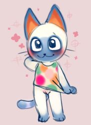 animal_crossing anthro blush bottomless clothed clothing domestic_cat felid feline felis female genitals mammal mitzi_(animal_crossing) niichan nintendo no_underwear presenting pussy shirt simple_background solo standing tank_top topwear video_games