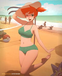 ;d asymmetrical_hair bare_arms bare_legs bare_shoulders barefoot beach bikini bulbasaur clavicle day feet female freckles green_bikini green_eyes green_swimsuit hat high_resolution kasumi_(pokemon) legs looking_at_viewer looking_back navel nintendo ocean one_arm_up one_eye_closed open_mouth orange_hair outdoors outstretched_arm outstretched_hand patreon_username pikachu pokémon_(species) pokemon pokemon_rgby ponytail red_hair sand short_hair side_ponytail silhouette sillygirl sinner smile solo_focus squirtle standing standing_on_one_leg starmie stomach striped striped_bikini striped_swimsuit sun_hat swimsuit tied_hair volleyball_net water watermark web_address wink