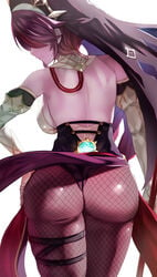 1girls ass back back_view backboob bangs bare_shoulders big_ass breasts closed_mouth cowboy_shot dress elbow_gloves exposed_ass female fishnet_legwear fishnet_stockings fishnets from_behind genshin_impact gloves hair_over_one_eye hand_on_hip highres huge_ass medium_breasts nun pantyhose purple_dress purple_hair purple_headwear purple_legwear rosaria_(genshin_impact) short_hair simple_background solo thick_thighs thigh_strap thighs uenoryoma veil vision_(genshin_impact) white_background white_gloves