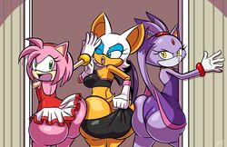 3girls amy_rose angry ass ass_cleavage axel-rosered big_ass blaze_the_cat blue_eyes bottom_heavy breasts butt_crack chiropteran clothing domestic_cat eyelashes female fingers green_eyes hair hedgehog hi_res highres large_ass panties pink_hair purple_hair rouge_the_bat sega simple_background small_tail sonic_(series) standing tan_body tan_skin white_hair yellow_eyes