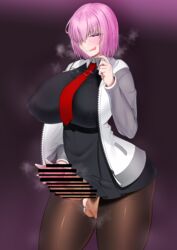 1futa balls body_heat censored clothed erect_nipples erect_nipples_under_clothes erection fate/grand_order fate_(series) futanari glasses gorio jacket large_breasts large_penis licking_lips mash_kyrielight naughty_face pantyhose purple_eyes purple_hair short_hair suggestive_look tights tongue_out veiny_penis visible_breath