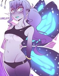 animal_humanoid antennae areola_slip arthropod_humanoid blush butterfly butterfly_wings charlotte_(raydio) cute female female_only freckles glasses insect_wings mole_under_eye nipple_slip not_furry original purple_hair purple_skin raydio sports_bra tanline text underboob