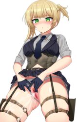 bangs black_vest blonde_hair blush braid breasts censored corset female french_braid girls'_frontline gloves green_eyes half_gloves highres holster large_breasts ndgd peeing pussy short_hair skirt skirt_lift sleeves_rolled_up standing standing_pee striped striped_vest thigh_holster thighs urinating urinating_female urination urine urine_drip urine_stream vertical-striped_vest vest welrod_mkii_(girls'_frontline)