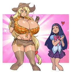 2girls applejack_(mlp) big_breasts breast_expansion cleavage equestria_girls female female_only friendship_is_magic huge_breasts large_breasts maniacpaint my_little_pony tagme thick twilight_sparkle_(mlp)