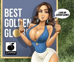 1girls actress artist_name breasts brown_body brown_hair brown_skin busty cleavage clothing dialogue earrings female hips large_breasts latina linkartoon lips milf no_bra piercing salma_hayek solo speech_bubble tan_skin thighs trophy voluptuous watermark wide_hips