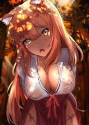 1girls animal_ear_fluff animal_ears blush breasts cleavage covered_nipples dappled_sunlight fangs fate/extra fate/extra_ccc fate/extra_ccc_fox_tail fate_(series) forest fox_ears groin hakama japanese_clothes large_breasts leaf leaning_forward long_hair looking_at_viewer maple_leaf nature no_bra no_panties open_mouth orange_hair outdoors pleasure_mussel see-through solo sunlight sunset suzuka_gozen_(fate) very_long_hair yellow_eyes