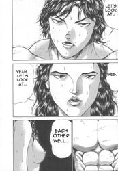 1boy 1girls anatomically_correct baki_hanma big_dom_small_sub black_hair bodily_fluids doujinshi english english_text grappler_baki human keisuke_itagaki kozue_matsumoto manga muscular muscular_male original_artwork small_breasts smaller_female tagme text text_box text_bubble