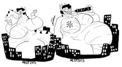 1girls absurd_res anthro big_breasts breasts city drooling female_only giantess giraffe giraffid godzilla godzilla_(series) hi_res huge_breasts hybrid kaiju macro monochrome monster obese obese_anthro obese_female overweight overweight_anthro overweight_female size_difference smile swallowing sweatpants_(artist) thick_thighs vore