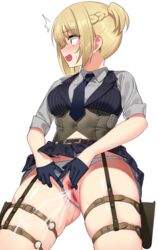 bangs black_vest blonde_hair blush blush_lines blushing blushing_profusely braid breasts censored corset female french_braid girls'_frontline gloves green_eyes half_gloves highres holster large_breasts looking_to_the_side ndgd open_mouth panties panties_aside peeing pussy short_hair skirt skirt_lift sleeves_rolled_up standing standing_pee striped striped_vest surprised thigh_holster thighs urinating urinating_female urination urine urine_drip urine_stream vertical-striped_vest vest welrod_mkii_(girls'_frontline)