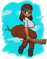 ass big_butt clothed clothed_female dark_skin female huge_breasts lotikmac sitting tree