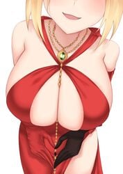 1girls ahoge arashi_series black_gloves blonde_hair blush blush cleavage cleavage_dress fate/extella fate/extra fate/grand_order fate_(series) front_view jewelry jewelry_between_breasts large_breasts leaning_forward long_gloves necklace nero_claudius_(fate) pov red_dress red_gloves red_ribbon side_slit smile smiling type-moon