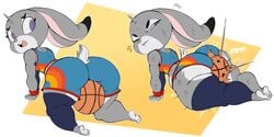 2021 2d 3_toes 4_fingers anthro ass ass_eating_shorts background basketball basketball_uniform big_ass big_butt bottom_heavy bunny bunny_ears bunny_girl bunny_tail clothing disney eyelashes forcing grey_fur judy_hopps paws purple_eyes purple_yoshi_draws shorts shortstack skindentation small_breasts space_jam stockings sweat sweatdrop teeth warner_brothers white_background zootopia