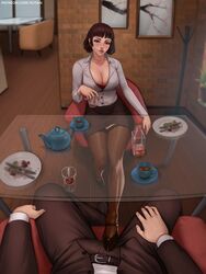 cleavage erection faceless_male female foot_play heels kotan makoto_niijima male mary_janes office persona persona_5 seductive seductive_look stockings suit teasing thick_thighs thighhighs under_the_table uniform