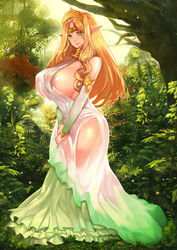 1girls absurdres areola_slip areolae bare_shoulders blonde_hair circlet curvy dress elf female forest green_eyes highres huge_breasts long_hair looking_at_viewer nature original pointy_ears see-through smile solo standing tahnya tree white_dress wide_hips