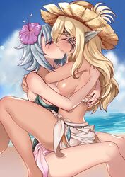 2girls absurdres beach bikini blonde_hair breasts breasts_out celica_(xenoblade_x) closed_eyes flower french_kiss hair_flower hair_ornament hat highres huge_filesize kaorihero kissing long_hair medium_breasts medium_hair monster_girl multiple_girls nintendo ocean original pointy_ears purple_eyes saliva silver_hair straw_hat swimsuit xenoblade_(series) xenoblade_chronicles_x yuri