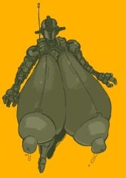 1_eye 2d 2d_(artwork) assaultron breasts fallout fallout_4 female gigantic_breasts hyper hyper_breasts looking_at_viewer nipples red_eye robot robot_girl simple_background solo_focus submarichamomi2
