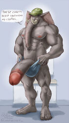 anthro athletic balls bathroom big_muscles big_penis bulge clothing comparing elephant elephantid foreskin genitals growing growth hi_res huge_cock huge_muscles hyper hyper_genitalia hyper_muscles hyper_penis male male_only mammal military muscular muscular_anthro muscular_male penis proboscidean size_difference size_play solo tight_clothing tight_fit toilet uncut underwear wolfsecret