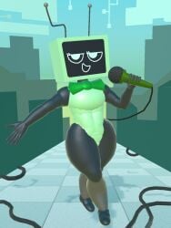 3d 3d_(artwork) 5_fingers antenna antenna_wire antennae background barefoot big_ass big_breasts big_thighs black_arms black_legs block_head blushcrunch_studio bow_tie bowtie box_head building buildings busty busty_female busty_girl dandy's_world dandys_world eyelashes flat_chest flat_chested green_body green_bow green_bowtie green_face green_torso high_quality holding_microphone holding_object leotard microphone microphone_tail microphone_wire no_breasts no_nipples no_toes nsfw_version_available null open_mouth posing posing_for_picture poster rec_room recroom robot robot_girl robot_humanoid screen screen_face self_upload sfw shaded simple_eyes simple_face syntholsoul text thick_thighs thighs tv tv_face tv_head tv_screen tv_woman tvwoman vee_(dandy's_world) wire wires