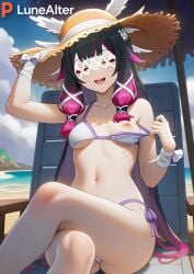 1girls ai_generated beach beach_background belly_button bikini black_hair closed_eyes columbina_(genshin_impact) daytime exposed_breasts exposed_nipples female female_focus female_only genshin_impact happy hoyoverse legs_crossed long_hair lunealter medium_ass medium_butt one_breast_out pale-skinned_female pale_skin pink_hair showing_breasts sitting_on_chair small_breasts small_waist smile white_bikini
