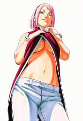 1girls accurate_art_style ai_generated boruto:_naruto_next_generations breast_focus breasts breasts_out clothing covered_nipples dress exposed_breasts female female_focus female_only flashing flashing_breasts green_eyes high_resolution manga_style masashi_kishimoto_style mature_female milf naruto naruto_(series) oppai pants pink_hair pinup plain_background presenting presenting_breasts sakura_haruno showing_breasts simple_background solo solo_focus uncensored underboob undressing upper_body white_background ㅇㅇ
