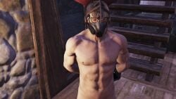 1boy 3d fallout fallout_76 gas_mask gay glasses hands_behind_back helmet indoors ingame male male_only modded muscular muscular_male nude nude_mod pip-boy screencap solo_male