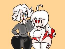 2girls big_breasts breasts female heterochromia nu_jiu nu_jiu_(warma's_life) red_bow red_eyes sex twin_braids warma warma's_life white_hair