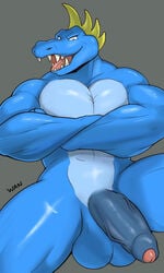 absurd_res anthro balls blue_balls blue_body crossed_arms donkey_kong_(series) foreskin genitals grey_background hi_res humanoid_genitalia humanoid_penis kremling krusha male male_only muscular muscular_anthro muscular_male nintendo nude open_mouth partially_retracted_foreskin pecs penis scalie sharp_teeth simple_background solo teeth uncut video_games wani_panic